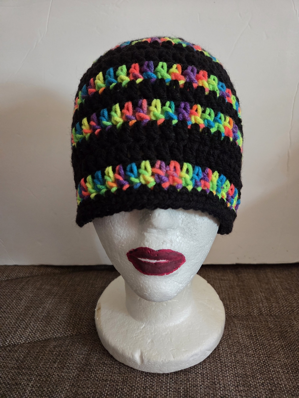 Black Crochet Beanie with Neon Multicolor Stripes